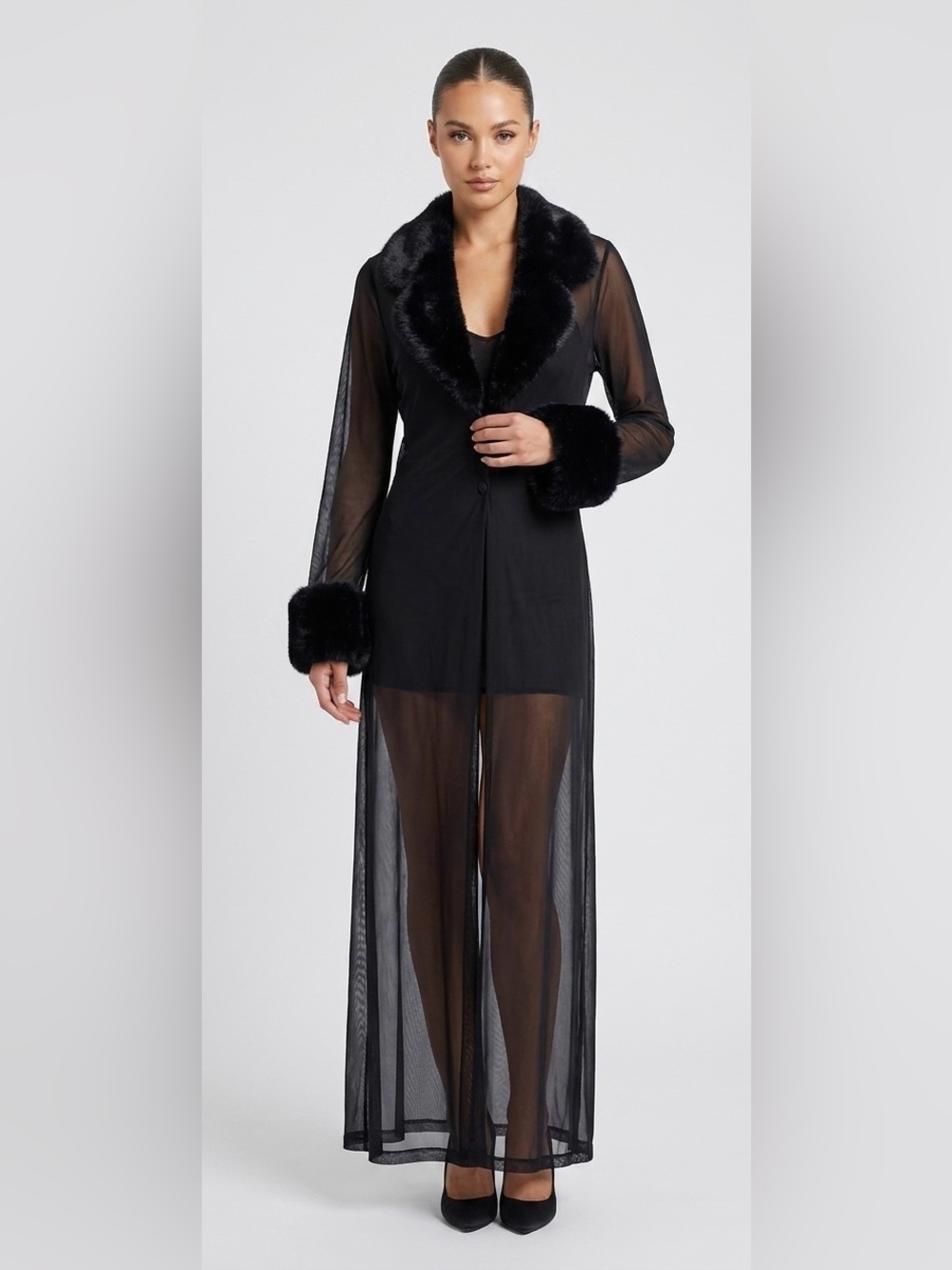 Faux Fur Trim Sheer Mesh Long Cardigan Duster – Y2K Black Maxi Robe Cover Up